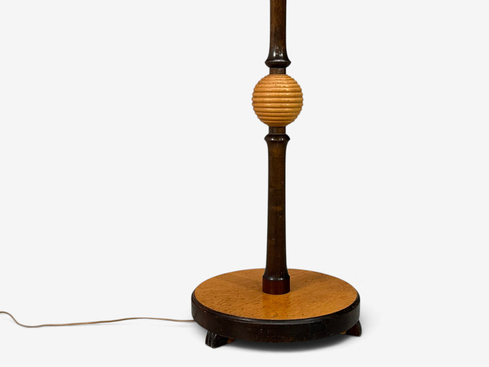 Swedish Art Deco, Adjustable Floor Lamp, Birch, Brass, Fabric, Sweden, 1930s