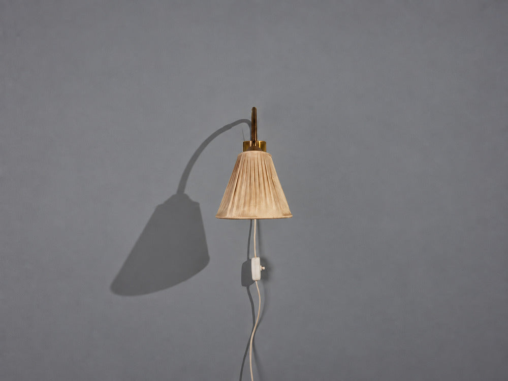 AJH, Swedish Modern, Adjustable Wall Light, Brass, Pleated Fabric, Sweden, 1950s
