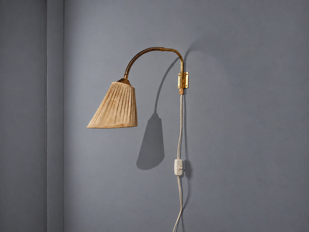 AJH, Swedish Modern, Adjustable Wall Light, Brass, Pleated Fabric, Sweden, 1950s
