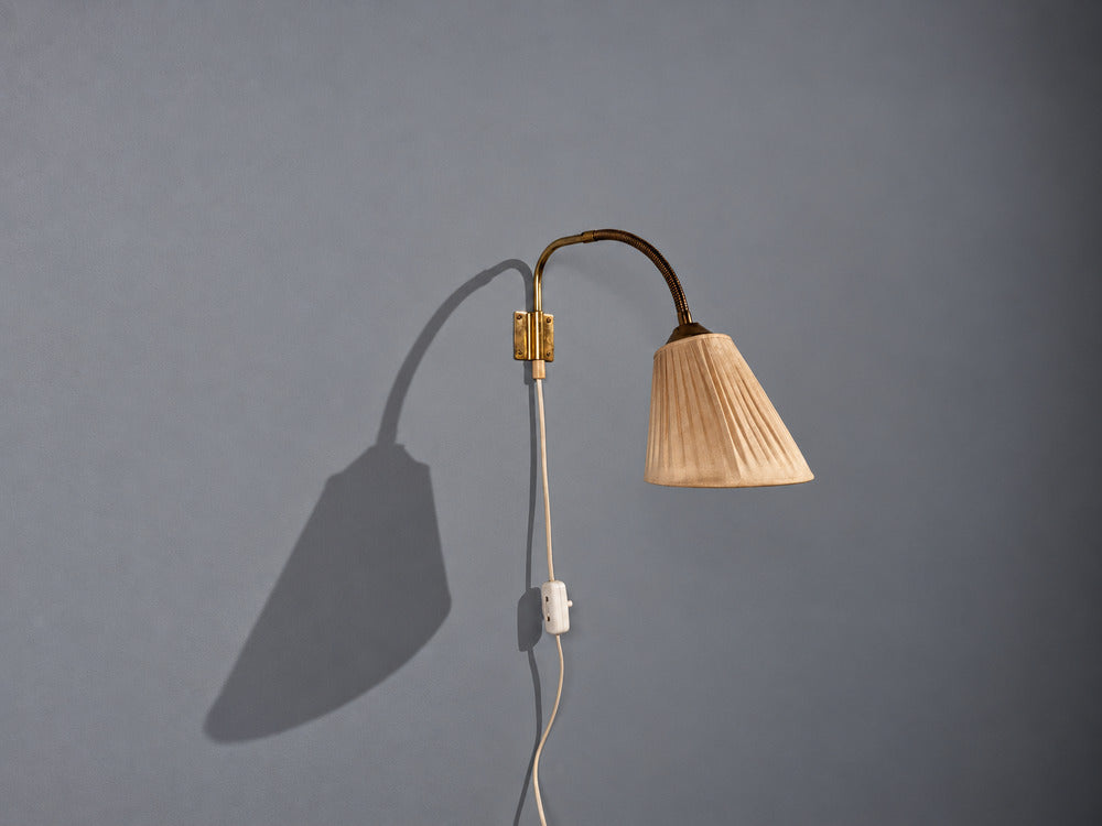 AJH, Swedish Modern, Adjustable Wall Light, Brass, Pleated Fabric, Sweden, 1950s