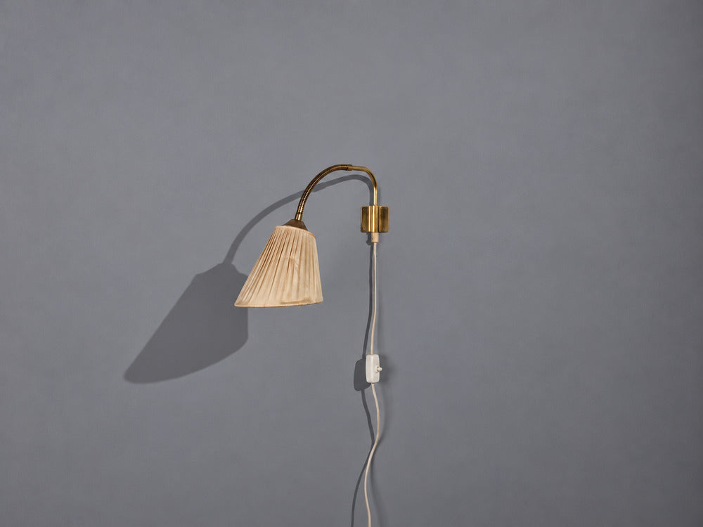 AJH, Swedish Modern, Adjustable Wall Light, Brass, Pleated Fabric, Sweden, 1950s