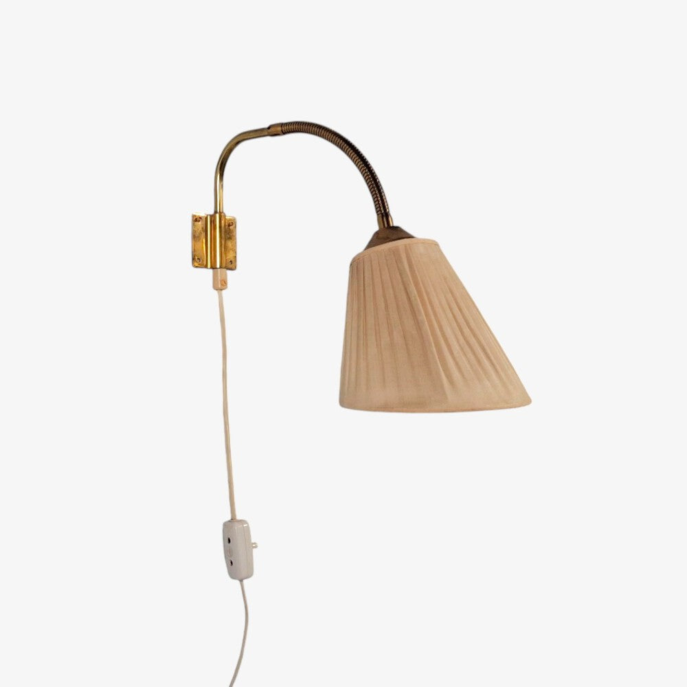 AJH, Swedish Modern, Adjustable Wall Light, Brass, Pleated Fabric, Sweden, 1950s