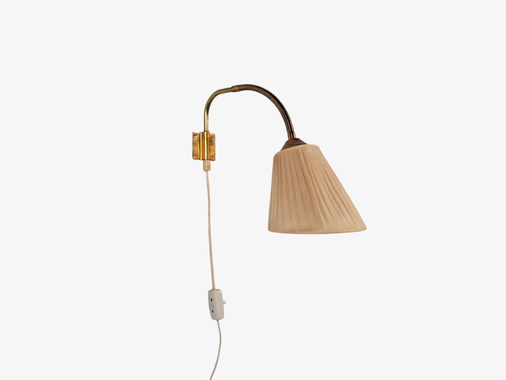 AJH, Swedish Modern, Adjustable Wall Light, Brass, Pleated Fabric, Sweden, 1950s