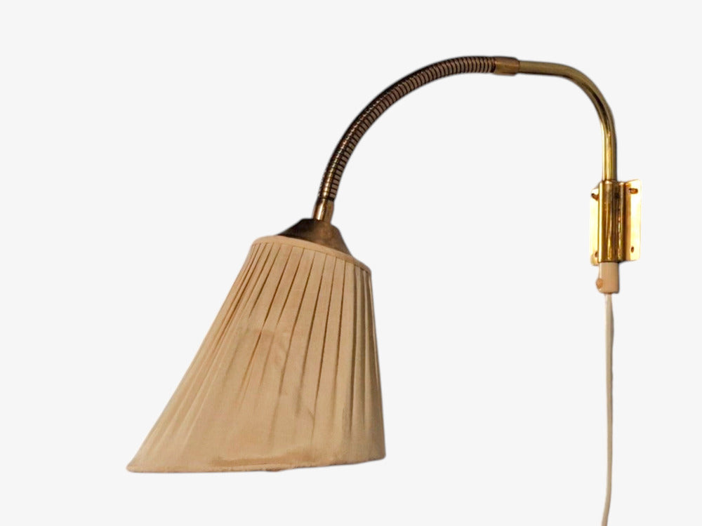 AJH, Swedish Modern, Adjustable Wall Light, Brass, Pleated Fabric, Sweden, 1950s