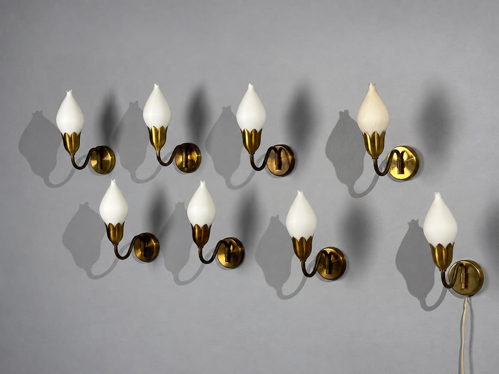 Fog & Mørup, Eight Wall Lights, Brass, Glass, Denmark, 1950s