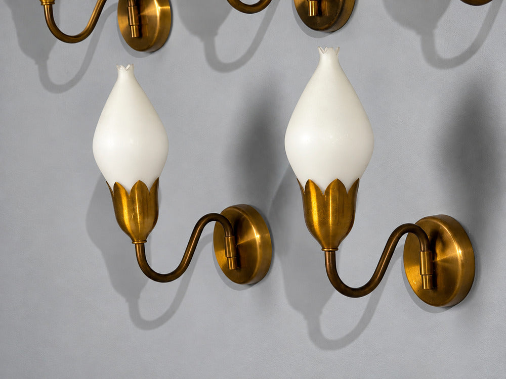 Fog & Mørup, Eight Wall Lights, Brass, Glass, Denmark, 1950s