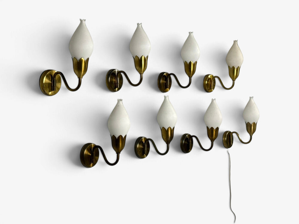 Fog & Mørup, Eight Wall Lights, Brass, Glass, Denmark, 1950s