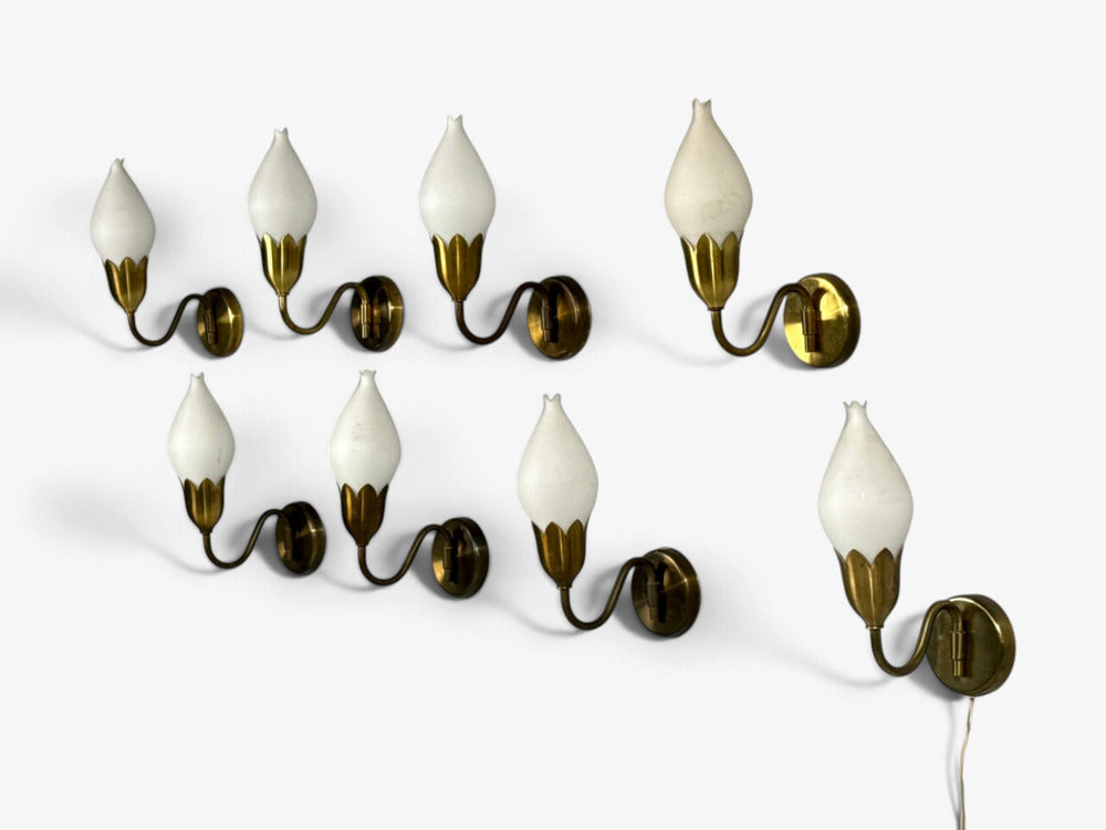 Fog & Mørup, Eight Wall Lights, Brass, Glass, Denmark, 1950s