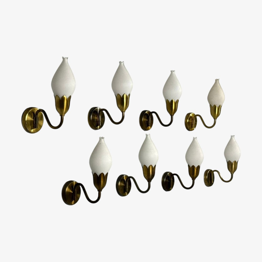 Fog & Mørup, Eight Wall Lights, Brass, Glass, Denmark, 1950s