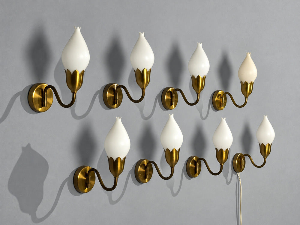 Fog & Mørup, Eight Wall Lights, Brass, Glass, Denmark, 1950s
