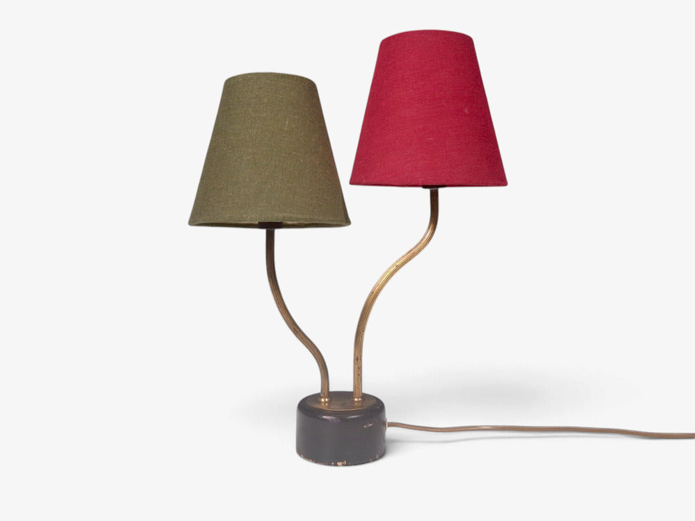 Swedish Modern, Two-Arm Table Lamp, Brass, Black Painted Wood, Sweden, 1950s