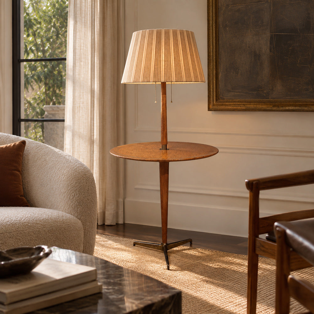 Edward Wormley, Rare Snack Floor Lamp, Wood, Brass, United States, 1940s