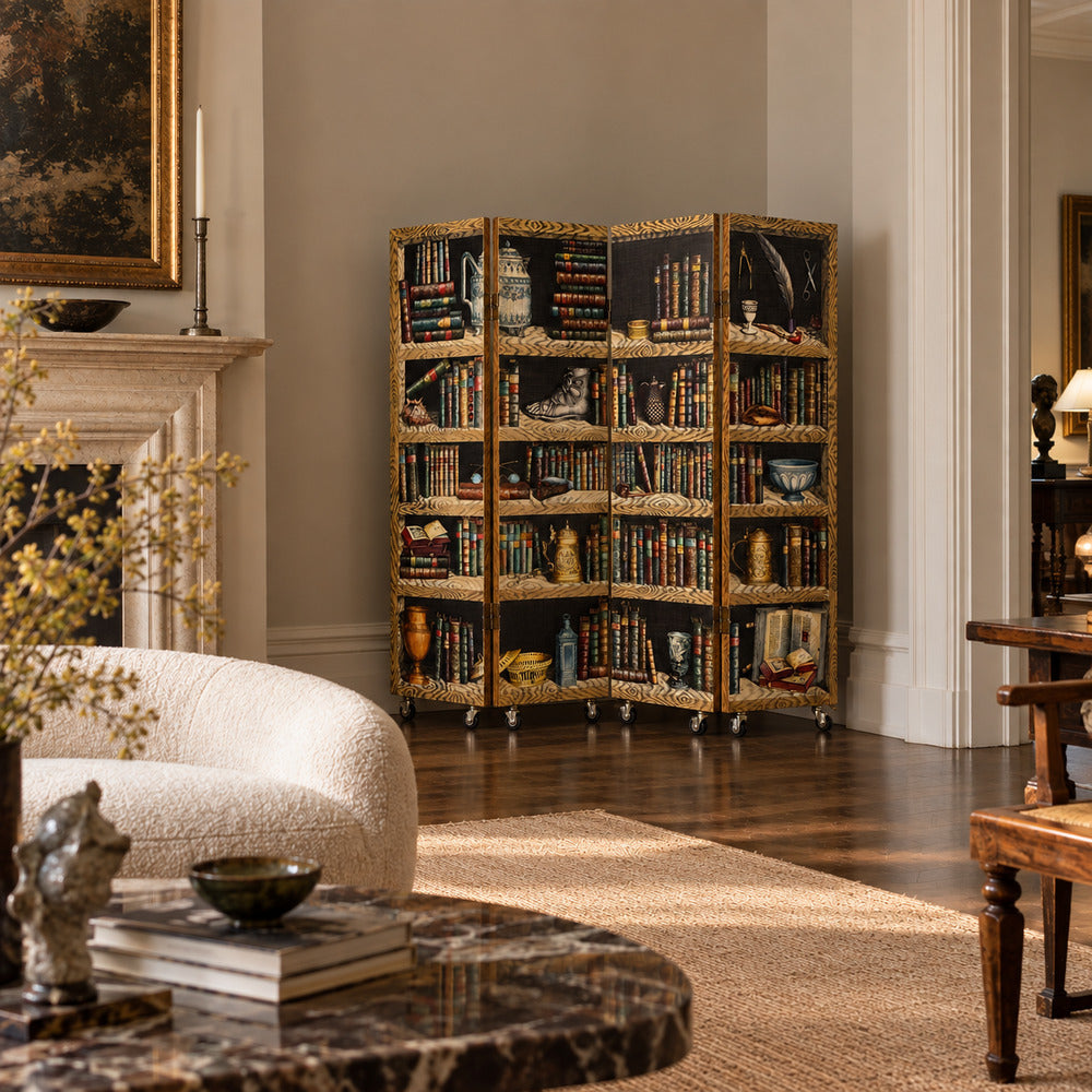 Piero Fornasetti, Rare Trompe L’Oeil “Libri” Four-Panel Folding Screen, Italy, 1999