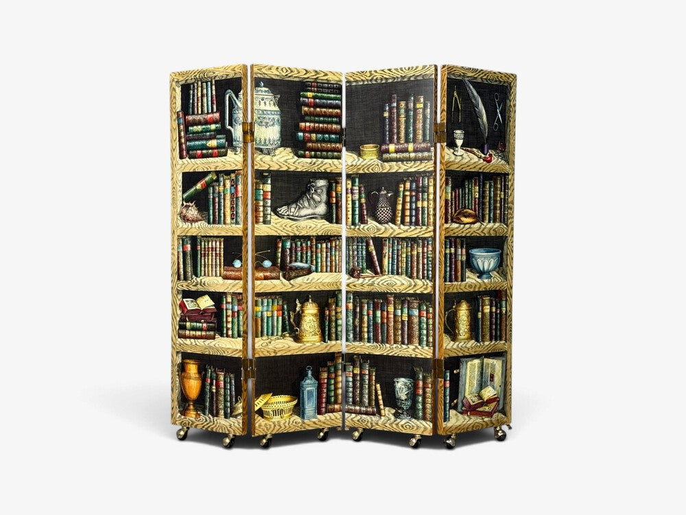 Piero Fornasetti, Rare Trompe L’Oeil “Libri” Four-Panel Folding Screen, Italy, 1999