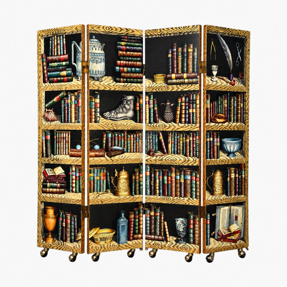 Piero Fornasetti, Rare Trompe L’Oeil “Libri” Four-Panel Folding Screen, Italy, 1999