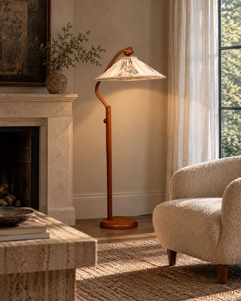 Markslöjd, Swedish Modern, Adjustable Floor Lamp, Pine, Fabric, Sweden, 1970s