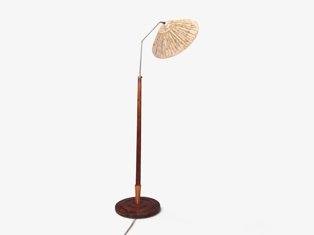 Swedish Modern, Double Shade Floor Lamp, Wood, Metal, Fabric, Sweden, 1950s