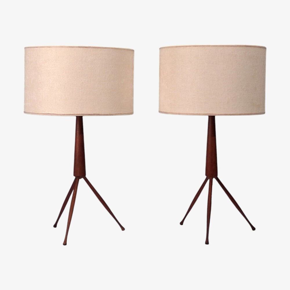 Danish Modern, Tripod Table Lamps, Teak, Fabric, Denmark, 1960s