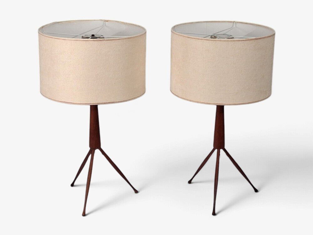 Danish Modern, Tripod Table Lamps, Teak, Fabric, Denmark, 1960s
