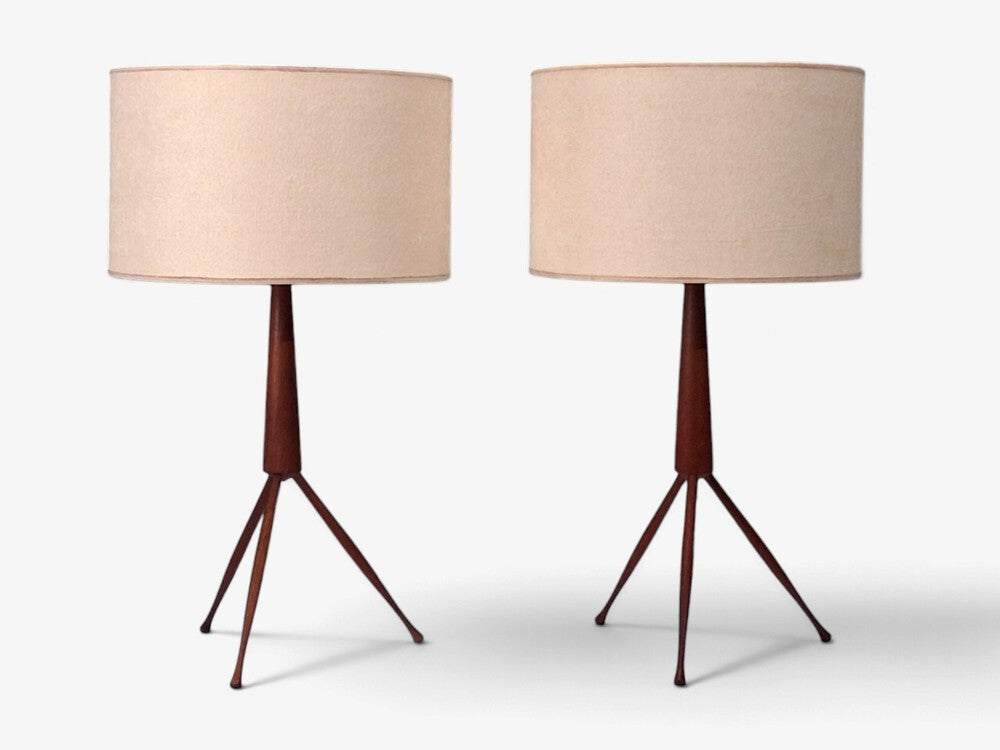 Danish Modern, Tripod Table Lamps, Teak, Fabric, Denmark, 1960s