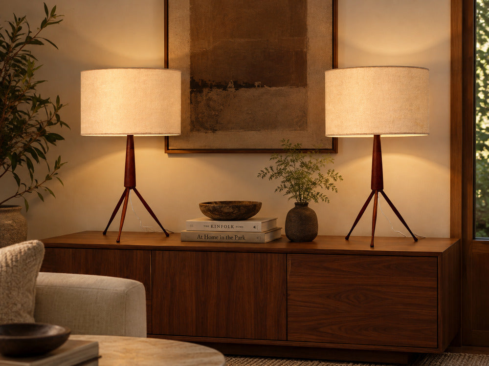 Danish Modern, Tripod Table Lamps, Teak, Fabric, Denmark, 1960s
