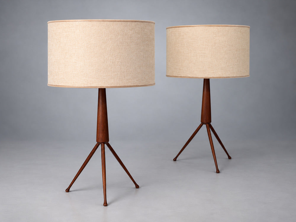 Danish Modern, Tripod Table Lamps, Teak, Fabric, Denmark, 1960s