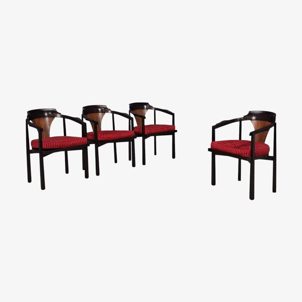 Edward Wormley, Horseshoe Chairs, Mahogany, Rosewood, Red Fabric, USA, 1950s