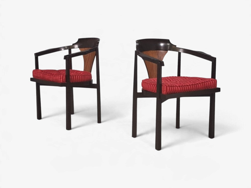 Edward Wormley, Horseshoe Chairs, Mahogany, Rosewood, Red Fabric, USA, 1950s