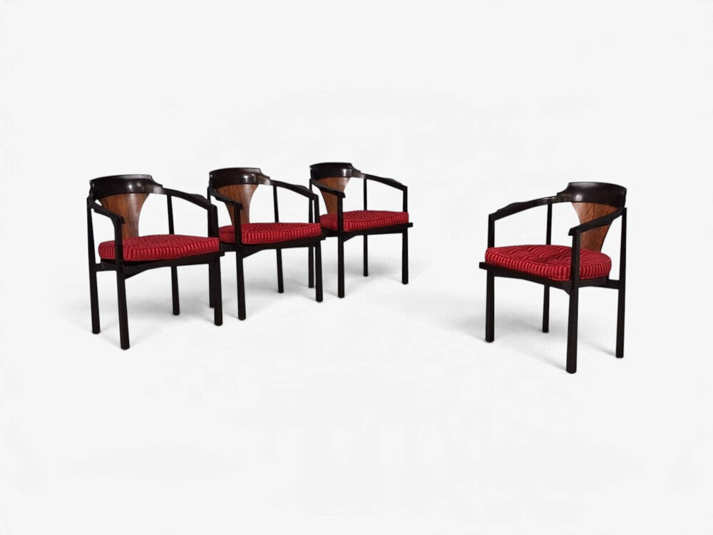 Edward Wormley, Horseshoe Chairs, Mahogany, Rosewood, Red Fabric, USA, 1950s