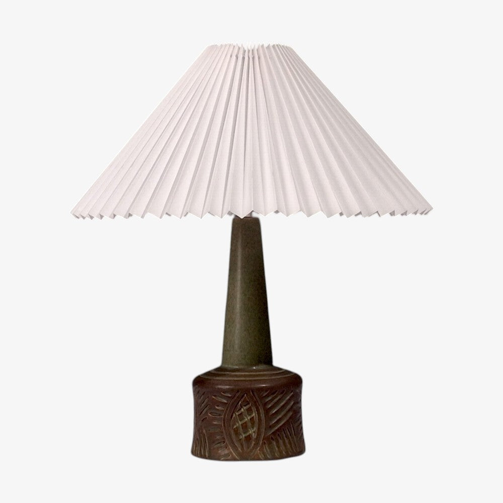 PM Keramik, Tall Table Lamp, Green and Brown Carved Ceramic, Denmark, 1960s
