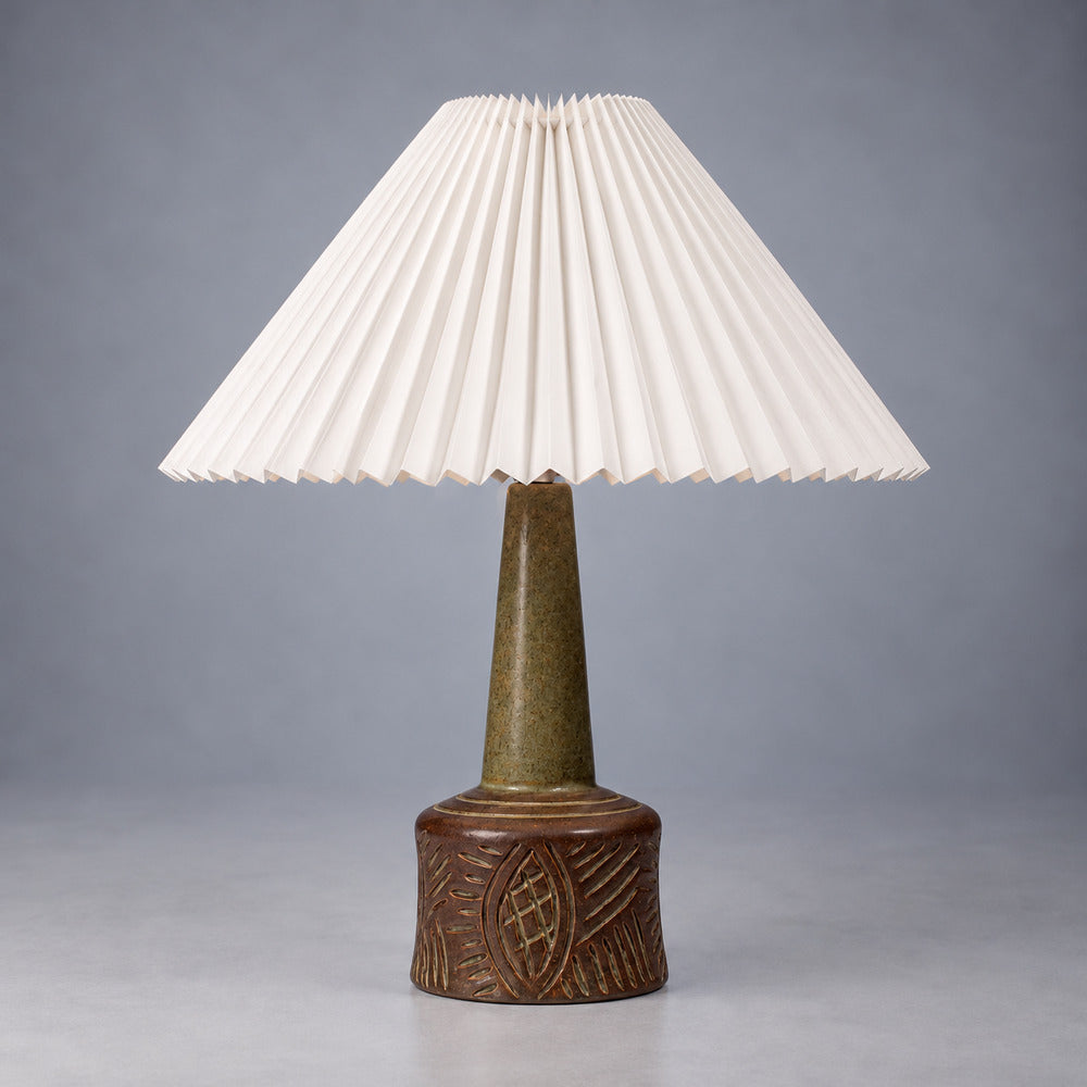 PM Keramik, Tall Table Lamp, Green and Brown Carved Ceramic, Denmark, 1960s