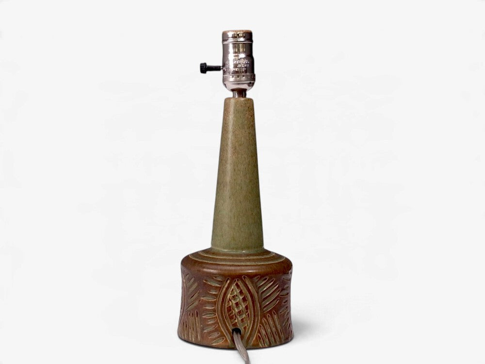 PM Keramik, Tall Table Lamp, Green and Brown Carved Ceramic, Denmark, 1960s