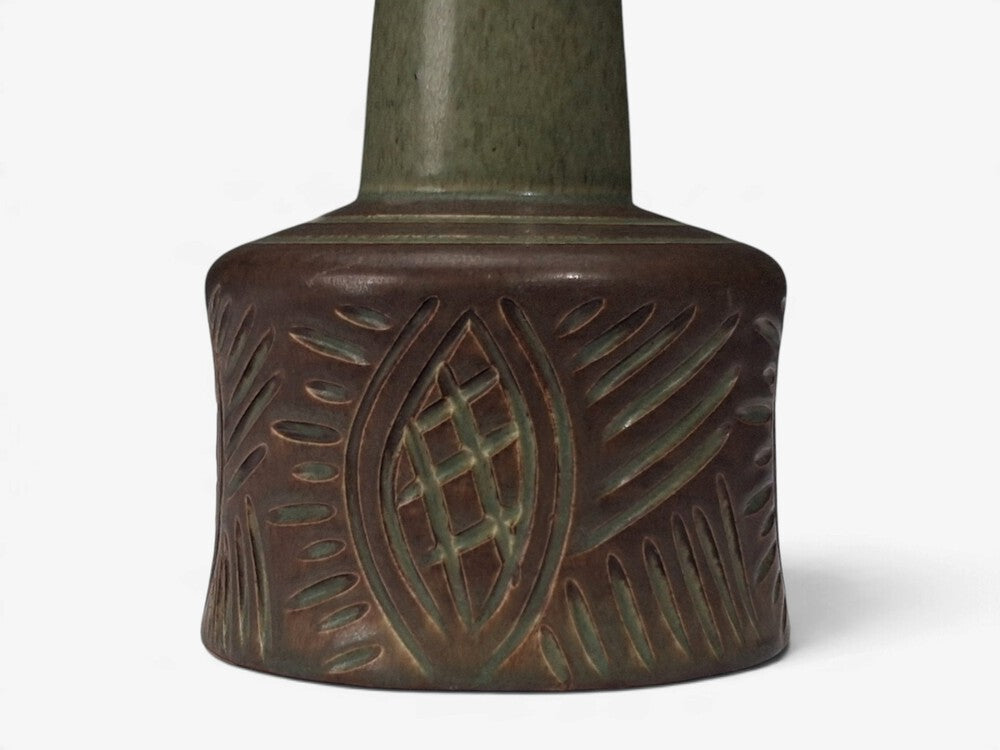 PM Keramik, Tall Table Lamp, Green and Brown Carved Ceramic, Denmark, 1960s