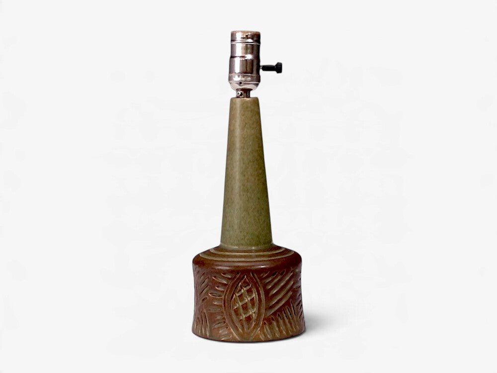 PM Keramik, Tall Table Lamp, Green and Brown Carved Ceramic, Denmark, 1960s