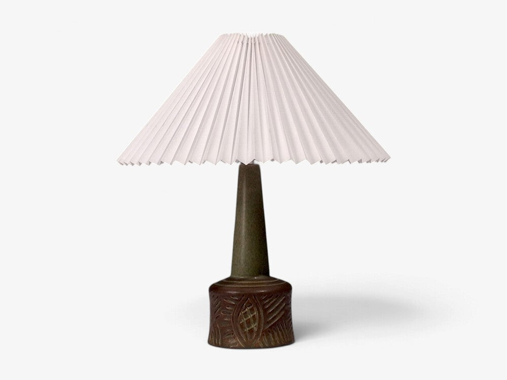 PM Keramik, Tall Table Lamp, Green and Brown Carved Ceramic, Denmark, 1960s