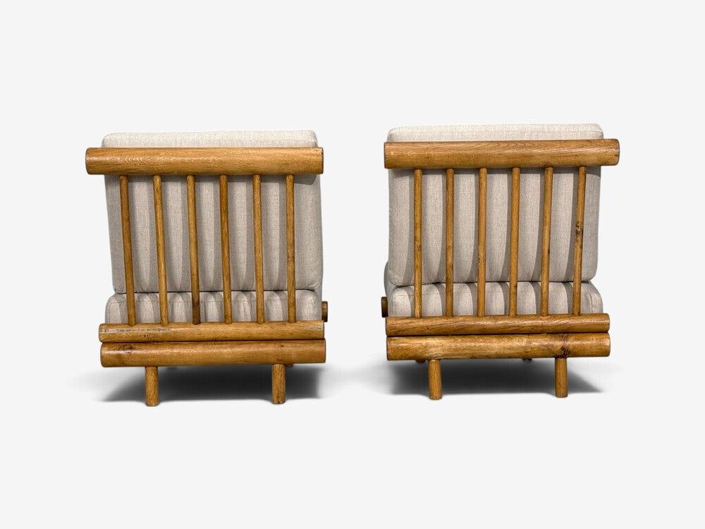 Charlotte Perriand, Rare 'La Cachette' Lounge Chairs, Oak, Fabric, France, 1960s