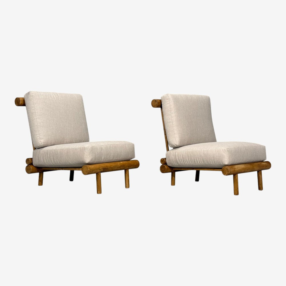 Charlotte Perriand, Rare 'La Cachette' Lounge Chairs, Oak, Fabric, France, 1960s