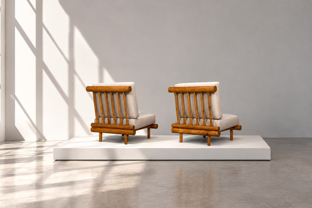 Charlotte Perriand, Rare 'La Cachette' Lounge Chairs, Oak, Fabric, France, 1960s