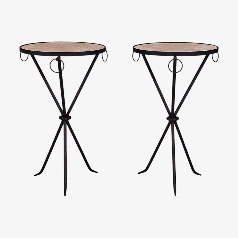Jean-Michel Frank Style, Side Tables, Painted Iron, Travertine, 20th c.