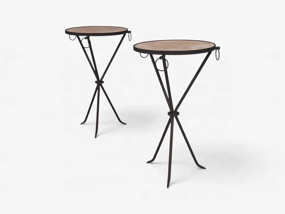 Jean-Michel Frank Style, Side Tables, Painted Iron, Travertine, 20th c.