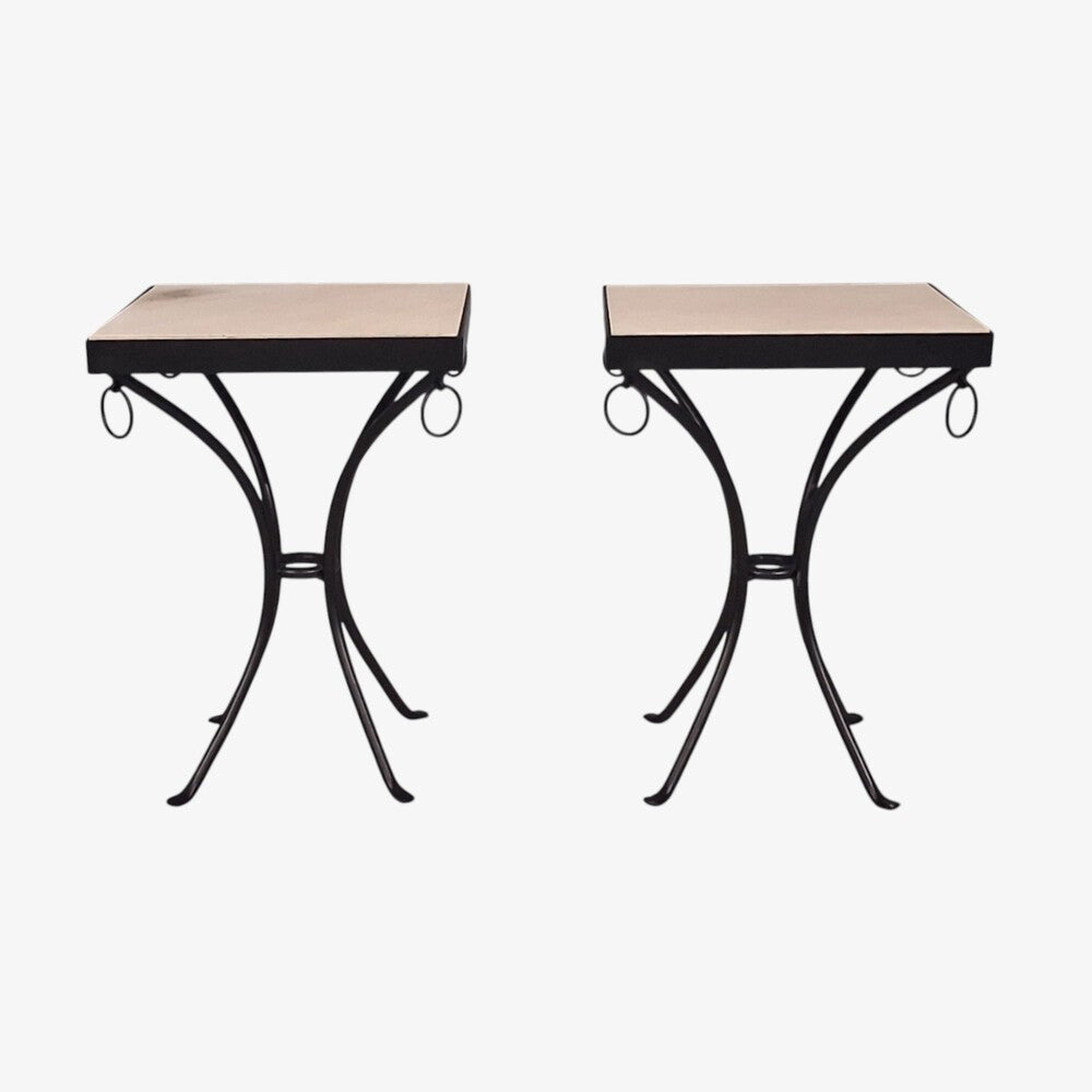 Jean-Michel Frank Style, Square Side Tables or Gueridons, Painted Iron, Stone, 21st c.