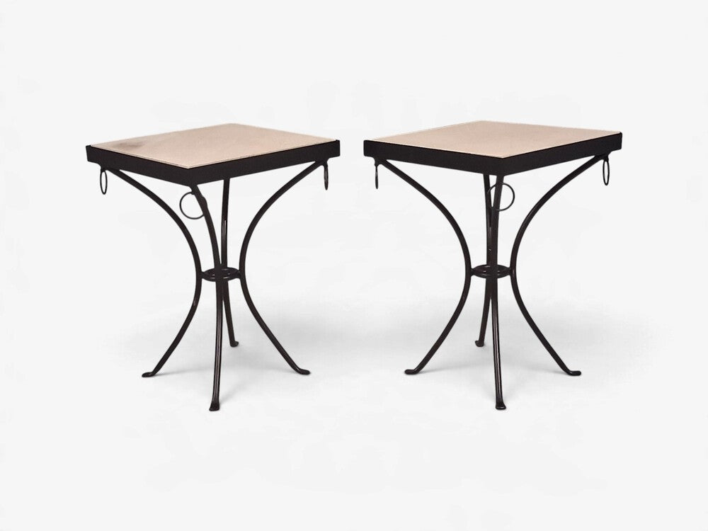 Jean-Michel Frank Style, Square Side Tables or Gueridons, Painted Iron, Stone, 21st c.