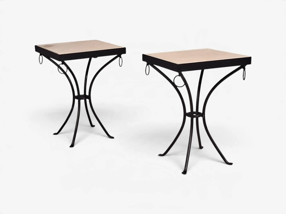 Jean-Michel Frank Style, Square Side Tables or Gueridons, Painted Iron, Stone, 21st c.