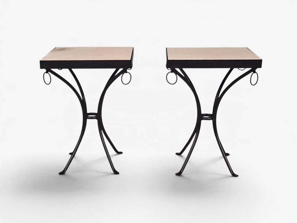 Jean-Michel Frank Style, Square Side Tables or Gueridons, Painted Iron, Stone, 21st c.