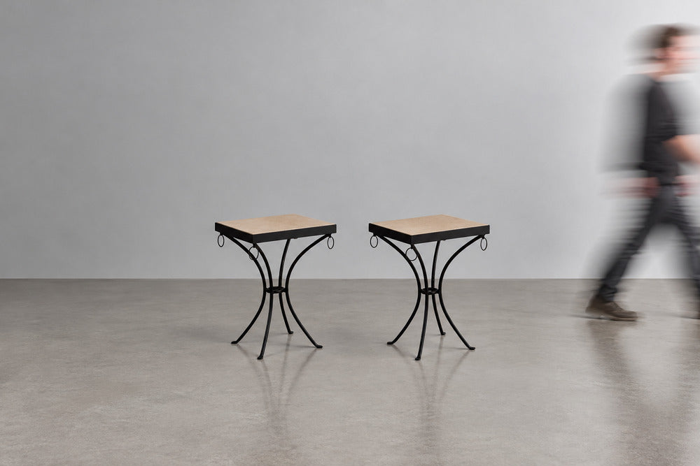 Jean-Michel Frank Style, Square Side Tables or Gueridons, Painted Iron, Stone, 21st c.