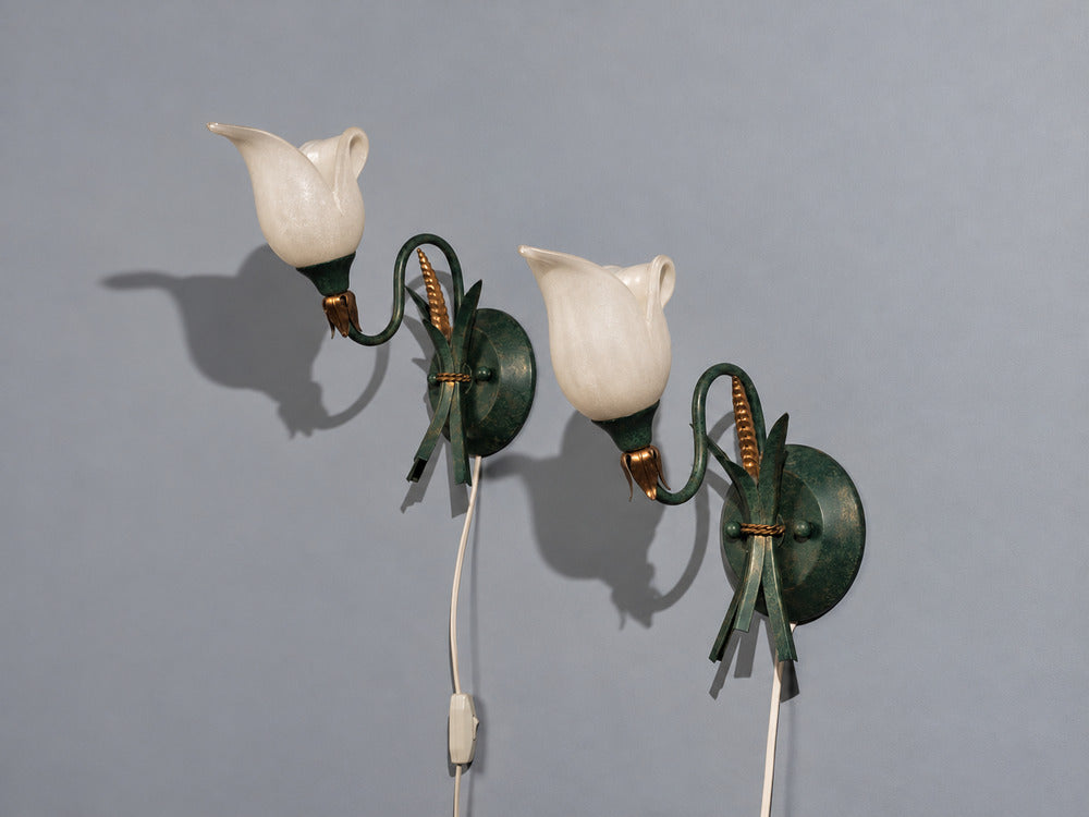 Italian Modern, Floral Wall Sconces, Green Metal, Bronze, Glass, Italy, 1960s