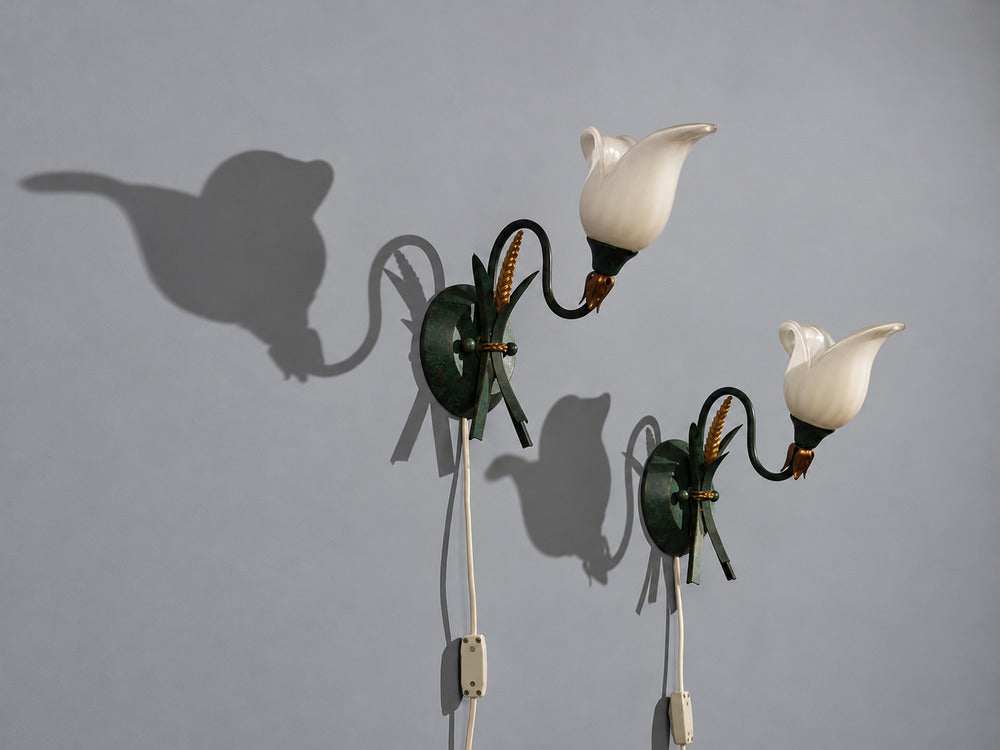 Italian Modern, Floral Wall Sconces, Green Metal, Bronze, Glass, Italy, 1960s