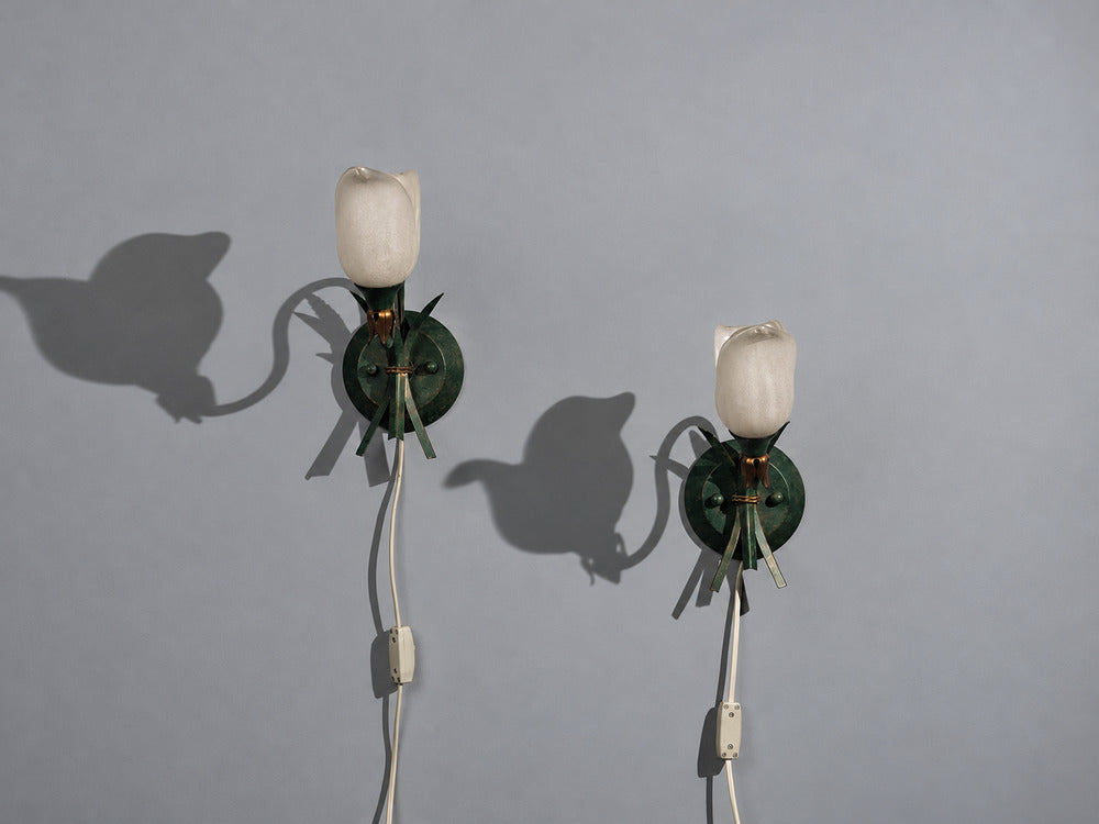 Italian Modern, Floral Wall Sconces, Green Metal, Bronze, Glass, Italy, 1960s