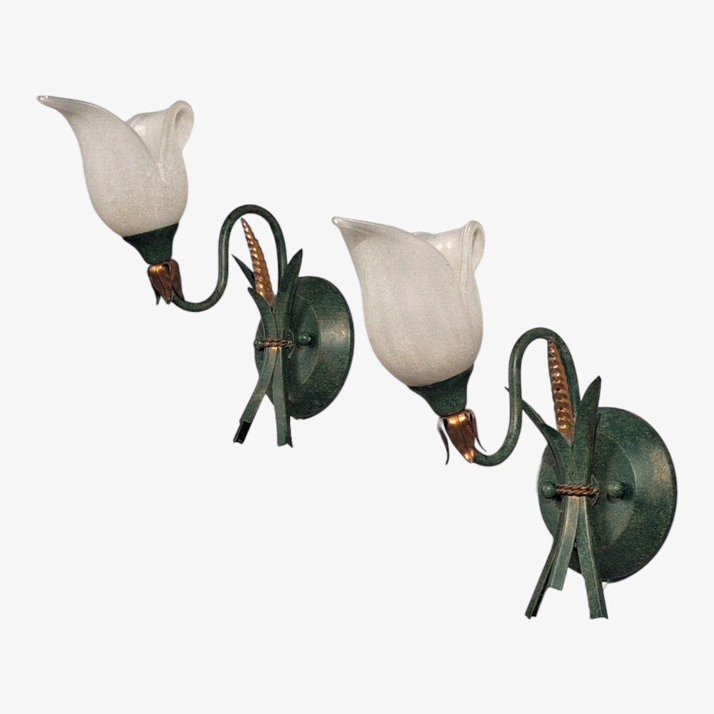 Italian Modern, Floral Wall Sconces, Green Metal, Bronze, Glass, Italy, 1960s