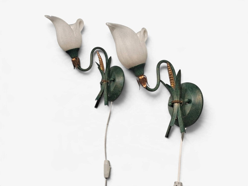 Italian Modern, Floral Wall Sconces, Green Metal, Bronze, Glass, Italy, 1960s